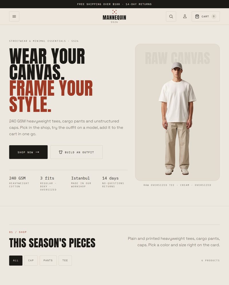 Mannequin home page with a large condensed headline and a model in a white tee and cargo pants.