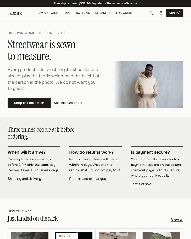 Tapeline home page with the heading "Streetwear is sewn to measure" and a hoodie photo.